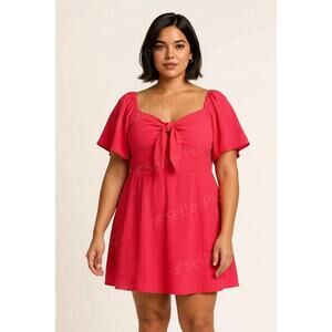 Dokotoo XL Hot Pink Fit & Flare Dress – Tie Front, Flutter Sleeves